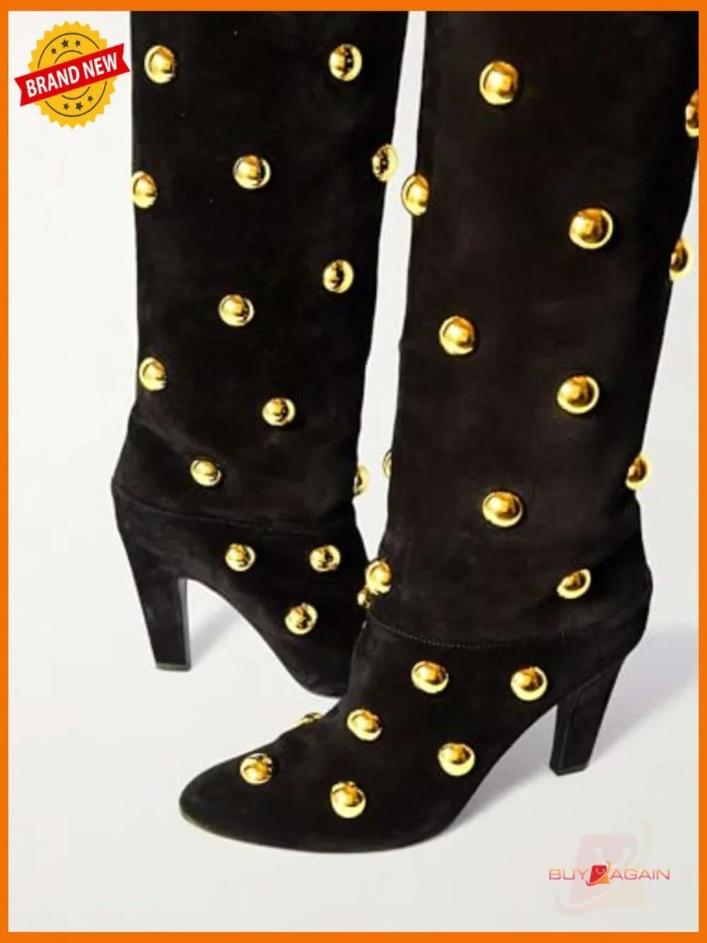 Studded Over the Knee Boots Pointed Toe Suede Chunky Heel Pull On Thigh High